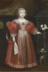 Portrait Of A Girl, Full-length, In A Red Dress And Accompanied By A Dog