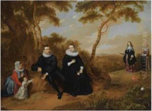 A Portrait Of A Gentleman And 
His Wife, Their Son And A Wetnurse, Seated Full-length In A Wooded 
Landscape, Their Daughter Anda Maid Approaching On A Path