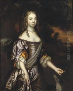 Portrait Of A Lady, 
Three-quarter-length, In A Purple And Yellowdress, Standing In A 
Landscape, A Dog By Her Side