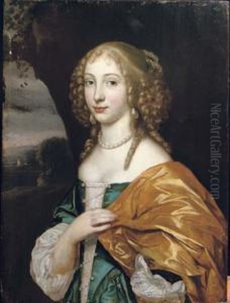 Portrait Of A Young Lady, Said
To Be Mlle De La Valleiare, The Mistress Of Louis Xiv, Half-length, In A
Blue Dress With Pearls And An Ochre Wrap, A Landscape Beyond - view 1