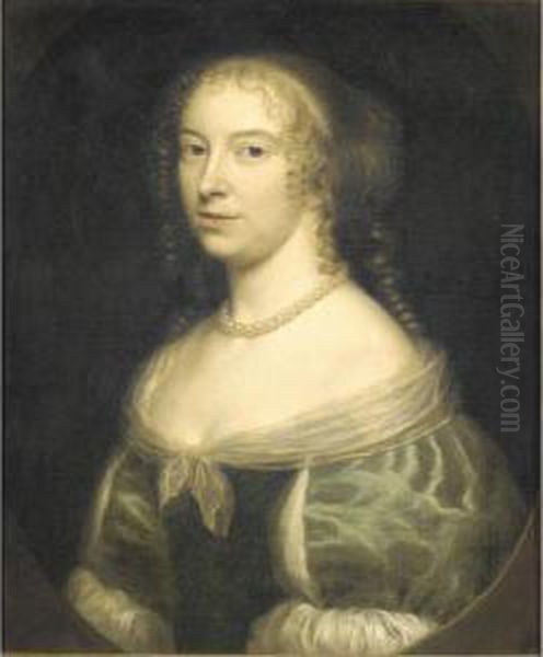 Portrait Of A Lady, Head And Shoulders, Wearing A Green Silk Dress And A Pearl Necklace - view 1