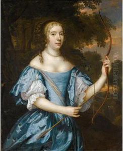 Portrait Of A Lady As Diana,
Three-quarter Length, Wearing A Blue Silk Dress And A Pearl Necklace,
And Holding A Bow And Arrow by Jan Mytens