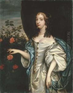 Portrait Of Lady, Three-quarter 
Length, In A Grey Satin Dress Andpearl Jewels, Beside A Rose Bush