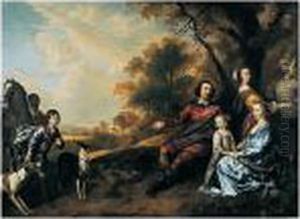 A Family Group Portrait: A Lady
And Gentleman Seated In A Landscape Beside Their Two Daughters, Their
Son With Two Dogs And A Horse Held By A Negro Groom To The Left by Jan Mytens