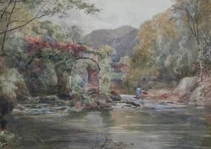 A River Landscape With Figures Seated On Rocks By Stone Archways by Paul Jacob Naftel