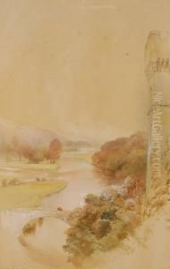 Watercolour, Riverlandscape At Lismore Castle, Signed, 19" X 13"