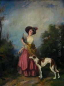 A Lady And A Lurcher In Wooded Landscape by Vilmos Nagy