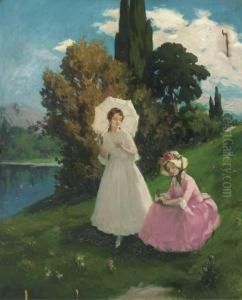 Young Ladies Beside A Lake by Vilmos Nagy