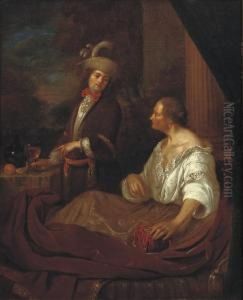 A Gentleman Visiting An Old Lady On A Terrace