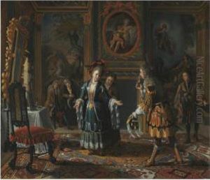 A Sumptuous Interior With An Elegantly Dressed Gentleman Payingcourt To A Lady by Matthijs Naiveu