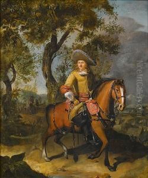 An Equestrian Portrait Of A
Cavalry Officer Of The Dutch East India Company With A Military
Encampment Beyond - view 1