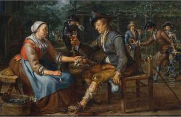 A Lady Offering A Herring And An
Onion To A Soldier Holding A Glass Of Beer, Other Soldiers Playing
Skittles Beyond - view 1