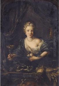 A Young Woman At A Window, With Fruit Oysters And A Silver Cup by Matthijs Naiveu