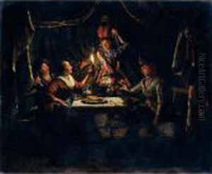 Nocturnal Scene With A Harlequin Surprising A Merry Company In A Curtained Interior