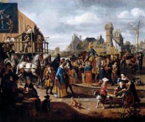 Carnival Scene In A Dutch
Riverside Town, With Actors Performing, An Elegant Couple Promenading
And A Young Child In A Cart Being Pulled By A Dog by Matthijs Naiveu