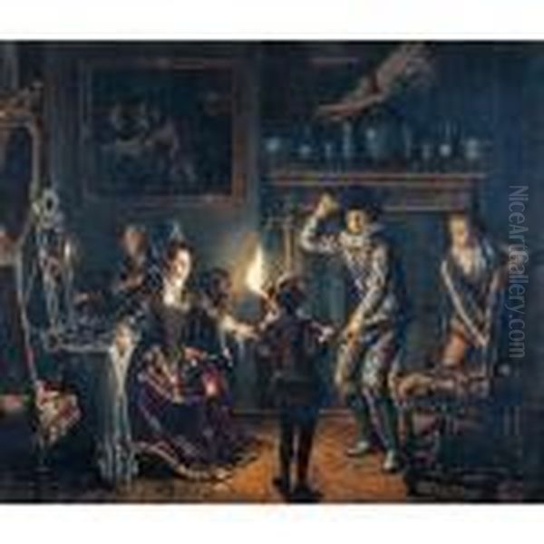 A Candle-lit Interior With A
Harlequin Presented To A Lavishly Dressed Woman At Her Dressing Table - view 1
