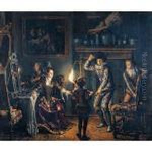A Candle-lit Interior With A 
Harlequin Presented To A Lavishly Dressed Woman At Her Dressing Table