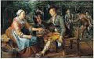 Figures Outside A Tavern, With A
 Lady Offering An Onion And Herring To A Young Man, Others Playing 
Skittles Beyond