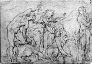 A Group Of Figures Fighting
(recto); A Study After Michelangelo(verso): A Page From An Album by Giovan Battista Naldini