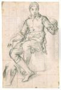 A Seated Boy, A Subsidiary Study Of Drapery, And A Faint Study Of Ahead, Upper Left
With Inscription 'carache'
Black And White Chalk, Squared In Red Chalk, Watermark Device by Giovan Battista Naldini