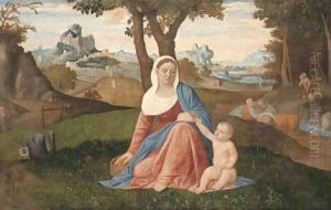 The Rest on the Flight into Egypt with the Penitent Saint Jerome in a wooded river landscape, Saint Antony Abbot and the Predication of the Baptist by Benedetto Diana
