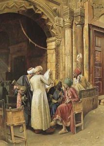 A gathering around the morning news, Cairo by Ludwig Deutsch