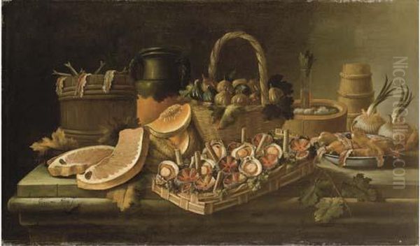 Cestino Con Ricci E Capesante,
Cestino Di Fichi, Un Piatto Conolive, Pere E Filetto Di Alici, Cipolle,
Meloni E Vari Contenitoridi Legno - view 1