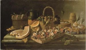 Cestino Con Ricci E Capesante, 
Cestino Di Fichi, Un Piatto Conolive, Pere E Filetto Di Alici, Cipolle, 
Meloni E Vari Contenitoridi Legno