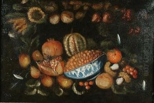 Still Life With Pomegranites,
Cherries, A Blue And White Bowl Of Currants, Other Fruit, Funghi And
Flowers by Giacomo Nani