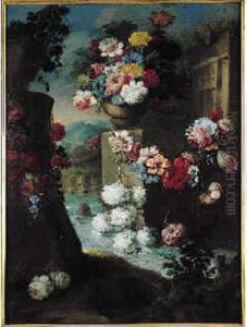 Natures Mortes Aux Vases De Fleurs Sur Fond De Paysage by Giacomo Nani
