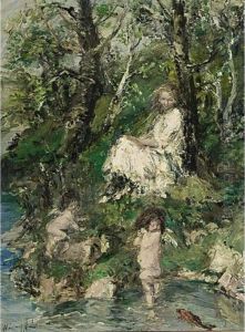 Little Children Playing At The Water Side by Aurel Naray