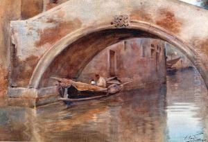 Venice At Dusk, A Boatman With Lamp by Enrico Nardi