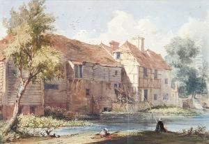 Fisherman On A Bank Before A Windmill