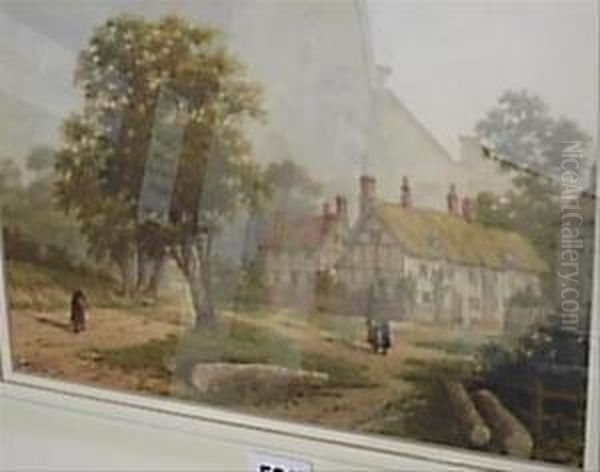 Figures Beside Half-timbered Cottages - view 1