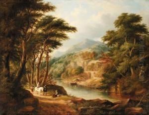 A Mountainous River Landscape With Travellers On A Path And A Ferryboat Beyond by Charlotte Nasmyth