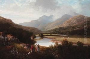 A Mountainous Wooded River Landscape, With Figures In Theforeground