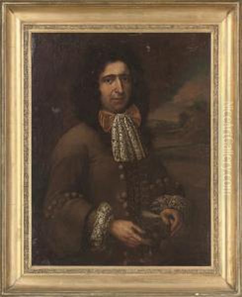 Portrait Of A Gentleman,
Half-length, In A Fawn Coat With Lace Collar And Cuffs, A Dog To His
Side With A Landscape Beyond - view 1