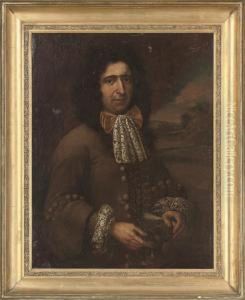 Portrait Of A Gentleman, 
Half-length, In A Fawn Coat With Lace Collar And Cuffs, A Dog To His 
Side With A Landscape Beyond