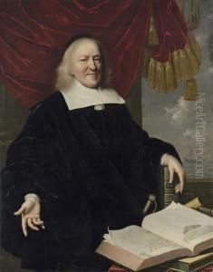 Portrait Of Hendrik Thiebaut, 
Three-quarter-length, In Black, Hisleft Hand Resting On A Copy Of The 
Bible, An Open Copy Of Annaleset Histoires Des Troubles Du Pais-bas On 
The Table In Front Of Him,a Draped Curtain And Coastal Landscape Beyond