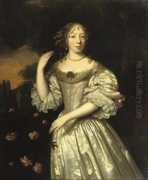 Portrait Of A Lady,
Three-quarter-length, In A Silver Silk Dressdecorated With Pearls,
Standing In A Park Landscape Near A Bush Ofroses - view 1