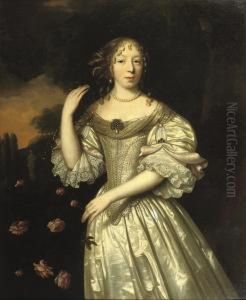 Portrait Of A Lady, 
Three-quarter-length, In A Silver Silk Dressdecorated With Pearls, 
Standing In A Park Landscape Near A Bush Ofroses