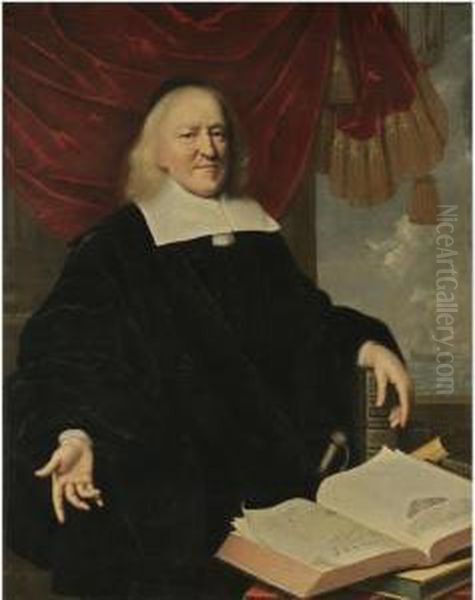 Portrait Of Hendrik Thibaut,
Three-quarter Length Seated Before A Red Curtain Wearing Black, With His
Left Hand Resting On A Copy Of The Bible And On A Table In Front Of Him
An Open Copy Of Annales Et Histoires Des Troubles Du Pais-bas , A View
Of - view 1