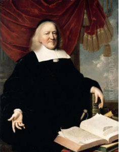 Portrait Of Hendrik Thibaut,
Three-quarter Length Seated Before A Red Curtain Wearing Black, With His
Left Hand Resting On A Copy Of The Bible And On A Table In Front Of Him
An Open Copy Of ' by Pieter Nason