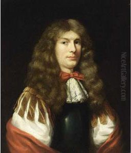 A Portrait Of A Young Gentleman,
 Half Length, Wearing A White Chemise And A White Lace Scarf Together 
With A Red Bow And Shawl, A Cuirass And A Wig