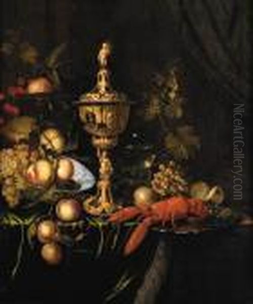 A Lobster On A Silver Dish, An
Ornamental Gold Cup And Cover,peaches, Grapes And Plums In A Porcelain
Bowl, Cherries And Orangeson A Silver Tazza, A Partly Peeled Lemon And A
Roemer On A Partlydraped Ledge - view 1
