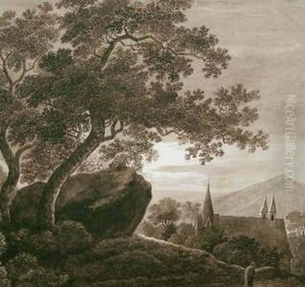 Landschaft Mit Grosem Baum, Kirche Und Passant Bei Dammerung - view 1