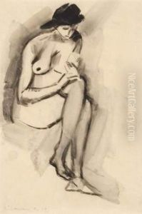 Seated Female Nude With Hat by Heinrich Nauen