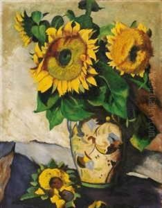 Sonnenblumen In Bemalter Vase Mit Doppelhenkel