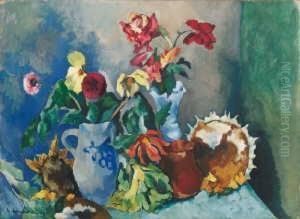 Stilleben Mit Herbstblumen Und Westerwalder Krug by Heinrich Nauen