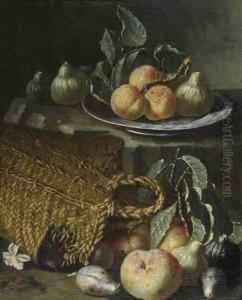 Still Life With Woven Bag, Apple, Pear, Figs And Peach.